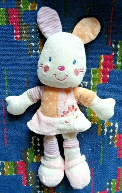 Fb2/   Doudou Peluche Kiabi Nicotoy Lapin Robe Orange Blanc Rose Fleur 30 Cm Tbe
