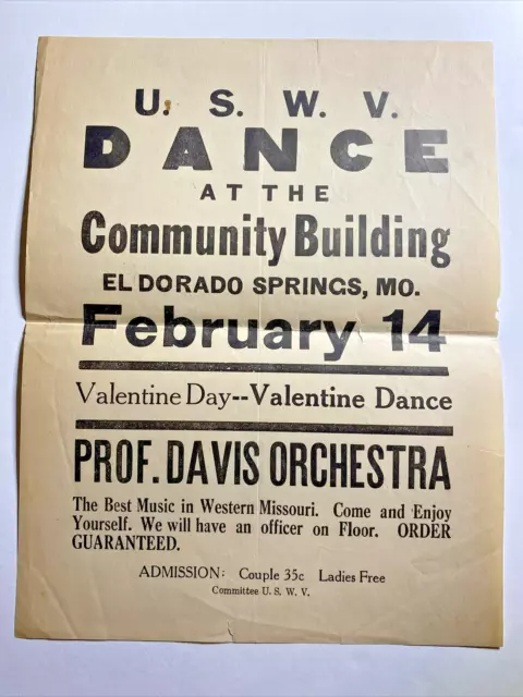 United Spanish War Veterans USWV Paper handbill flyer For Missiouri Dance w Band