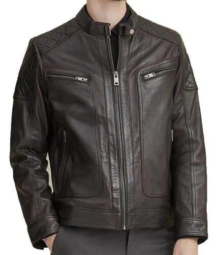 New Men's Genuine Lambskin Leather Jacket Brown Slim Fit Biker Motorcycle Jacket