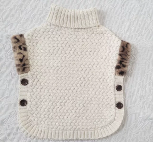 ASPEN KIDS Toddler Girls Cream Cable-knit Poncho w/Buttons, Leopard Faux Fur  2T