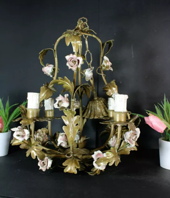 Vintage metal pink porcelain flowers roses chandelier lamp 1970