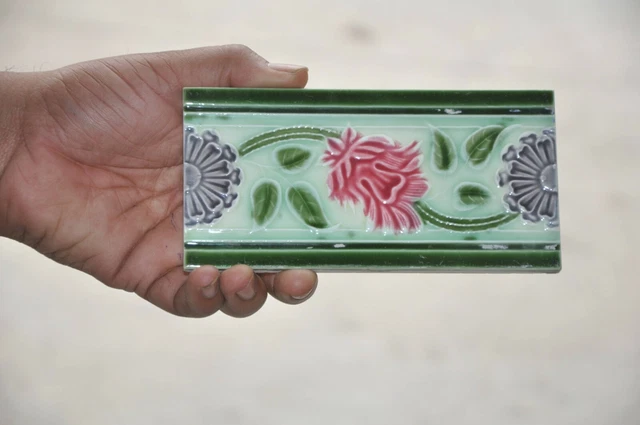 6Pc Vintage Majolica Decorative Flower Vine Art Nouveau Architecture Tiles,Japan 3