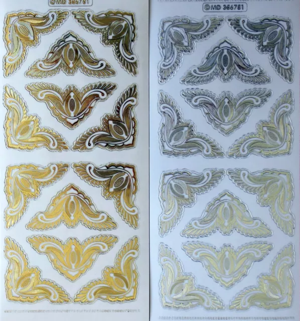 CORNERS Embossed on Clear PEEL OFF STICKERS Feather Large Gold & Silver Corner