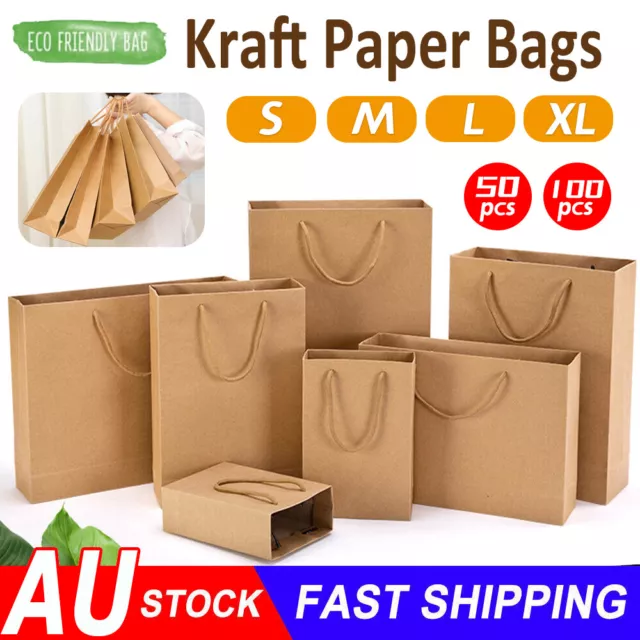 100PC BULK Kraft Paper Bags Brown Gift Shopping Carry Craft Retail Bag Reusable