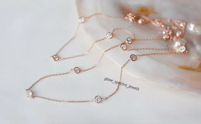 Station Necklace 3 Ct Round Cut Simulated Diamond 14k Rose Gold Plated Bezel Set