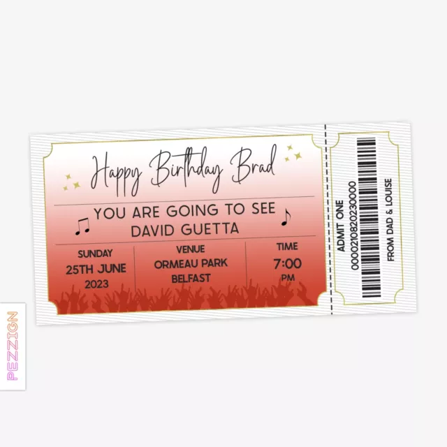 Personalised Birthday Surprise Event Concert Gig Ticket/Voucher Mockup Gift Idea