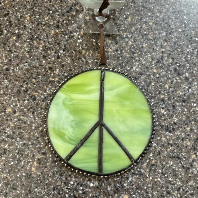 3 1/4” Stained Glass Peace Sign Ornament Sun Catcher Green Peace With Suction