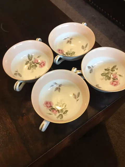 Japanese Bowls, Rice, Soup Two Handled, RC Brand, Set Of 4, White, Flowers