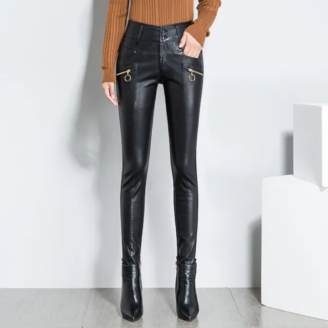 Design Womens Real Leather Skinny Pencil Pants Ladies Fashion Leisure Workwear