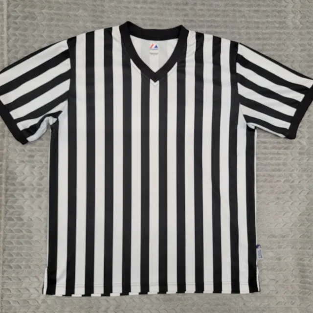 MAJESTIC Basketball Referee Jersey SHIRT Black White Stripe Size Large