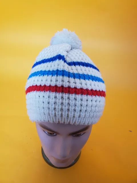 VTG super rare Beanie knit winter sport casual Unisex white one size pom pom