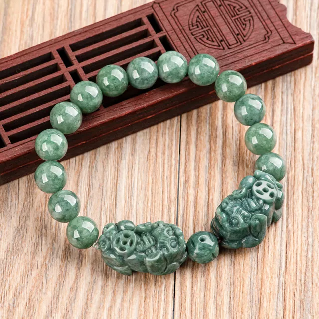 100% Natural Grade A Green Jade Jadeite Double Dragon Son Pixiu Beads Bracelet
