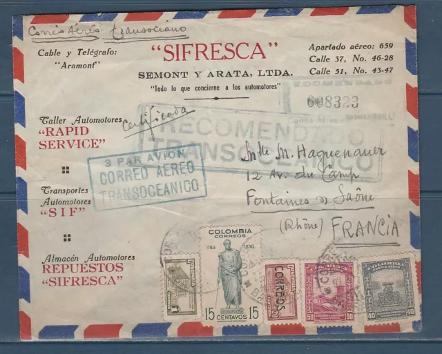 Etc enveloppe  Colombie par avion Transocéano pour  France par New York de 1949