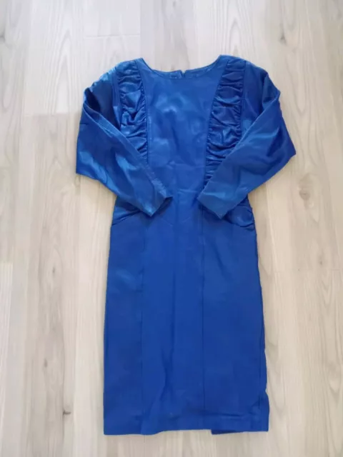Michael Hoban North Beach Blue Leather Dress Size XS Vintage Pocket Rouche Glam