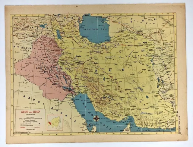 1952 Antique IRAN & IRAQ Atlas Map Vintage MCM Hammond's New Supreme World Atlas