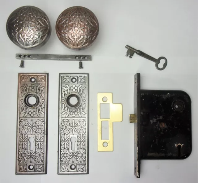 Antique Door Set Victorian / Eastlake Backplate Knob Mortise Lock Key Reclaimed