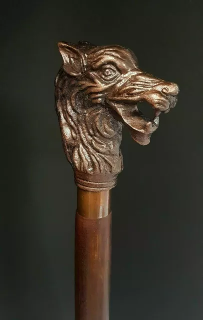 Handmade Walking Stick Wolf Head Copper Antique Metal Handle Wooden Vintage Cane