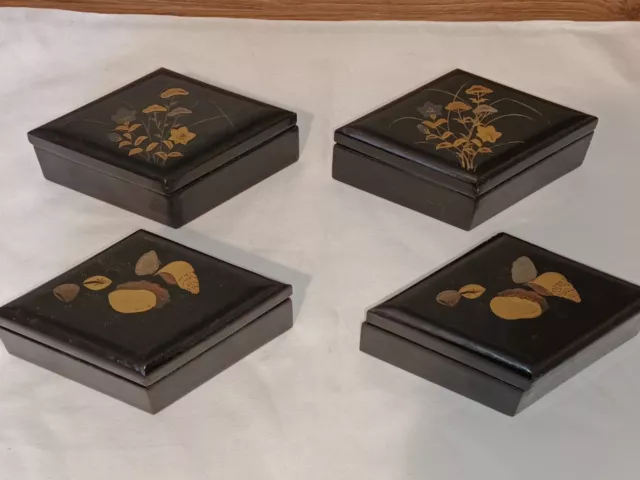Vintage Oriental Black 4 Piece Set Lacquer Wooden Trinket Boxes Diamond Shape