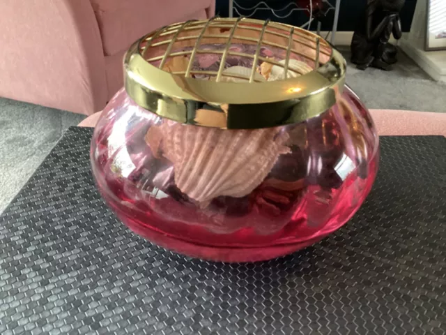 Cranberry Glass rose bowl gold colour metal lid pot pouring or flowers “A45”