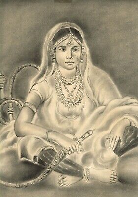 Miniature Portrait Painting Of Indian Queen Enjoying Hookah Fine Art On Paper