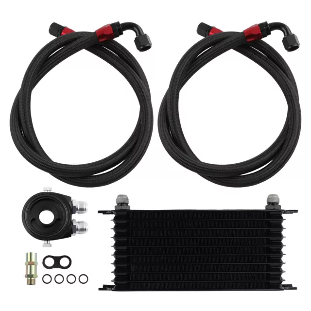 10Row 10AN Universal Engine Transmission Oil Cooler Black+ Filter Relocation Kit