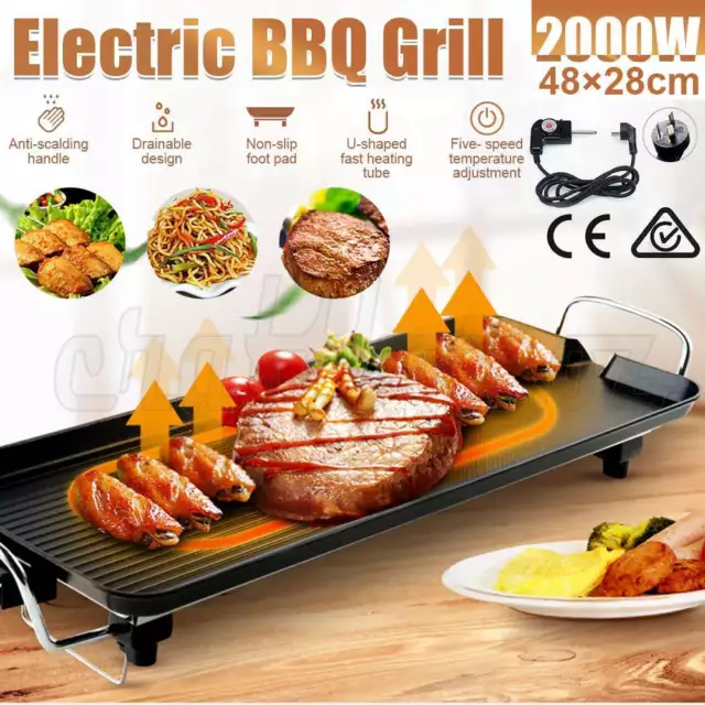 2000W Electric BBQ Grill Teppanyaki Non-stick Hot Plate Griddle Smokeless Tray