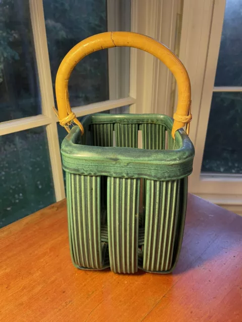 Jim & Shirl Parmentier Teal Green Woven Studio Pottery Basket W/Cane Handle