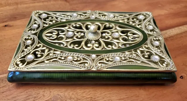 Hand Painted Enamel Jewelry Trinket Box Green Rhinestones Mirror Vintage Metal