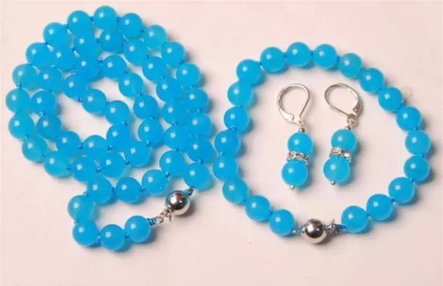 Natural 8/10mm Blue Topaz Chalcedony Round Beads Necklace Bracelet Earrings Set 3