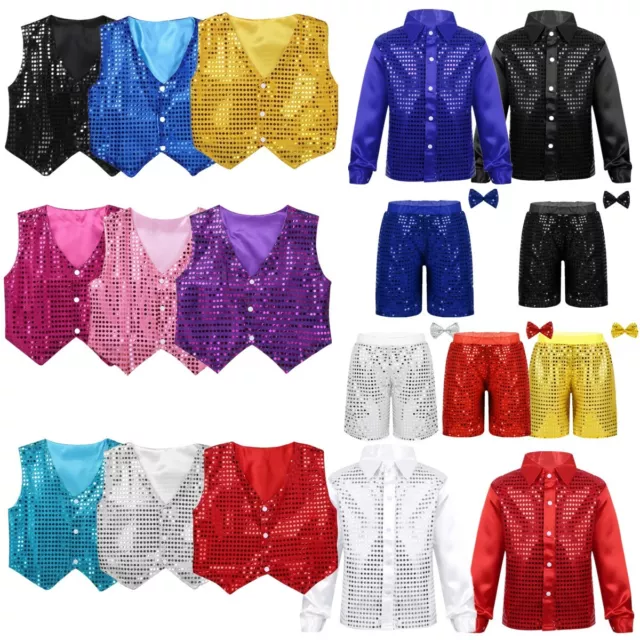 Kids Boys Glittery Sequined Vest Waistcoat Costume Choir Jazz Dance Stage Outfit