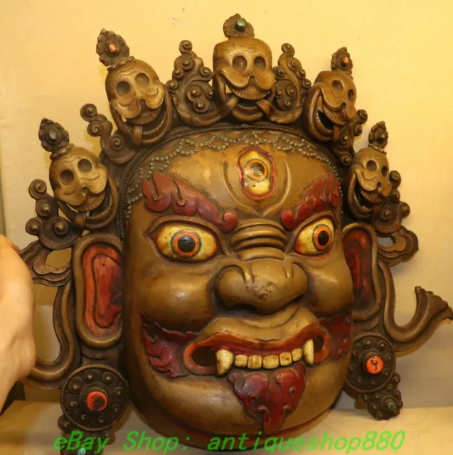 17'' Old Tibet Bronze Gold Painting Skull Head Mahakala Wrathful Deity Face Mask
