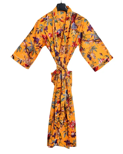 Indian Bath Robe Cotton Bird Print Nighty Gown Kimono Robe Night Dress Hippie