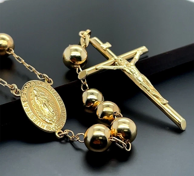 14K Yellow Gold Rosary Beads Y Necklace Christian Virgin Marry Locket Cross NEW 14K Yellow Gold Rosary Beads Y Necklace Christian Virgin Marry Locket Cross NEW