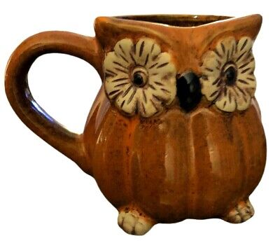 Cracker Barrel Owl Shaped Mug Orange Ceramic Pottery Flower Eyes