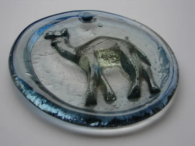 Vintage Pressed Clear/Blueish Glass Camel Suncatcher  5" Round Ornament
