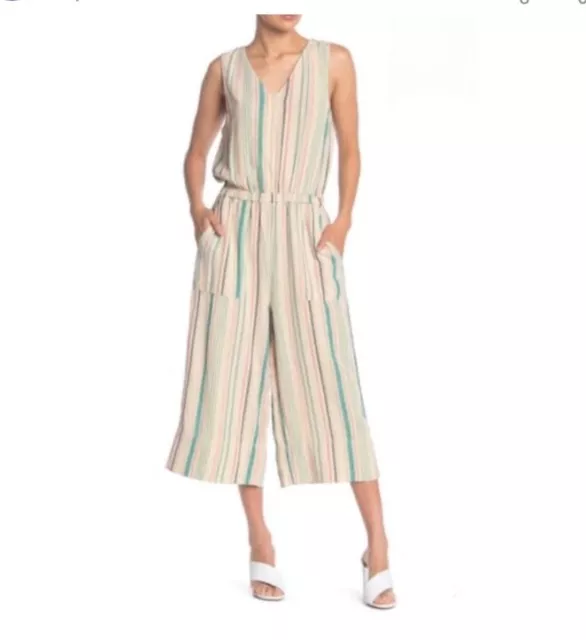 Splendid Beige Pink Green Striped Linen Blend Wide Leg V-neck Jumpsuit Small