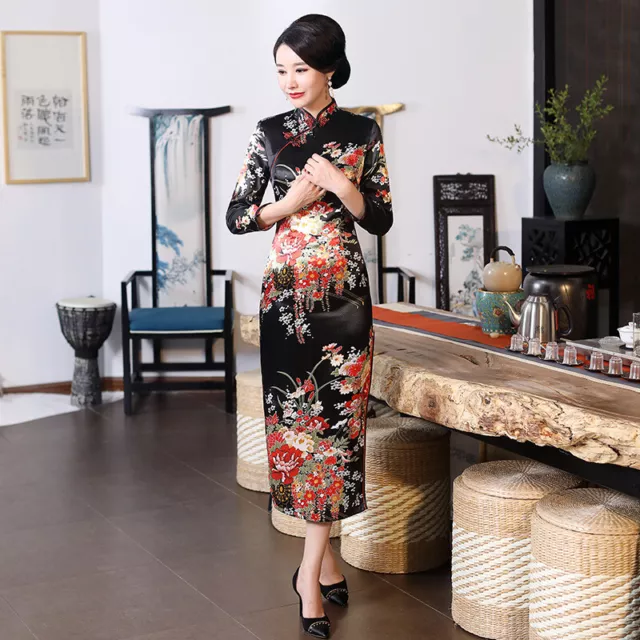 Women Summer Long Qipao 3/4 Sleeves Dress Chinese Traditional Ice Silk Cheongsam