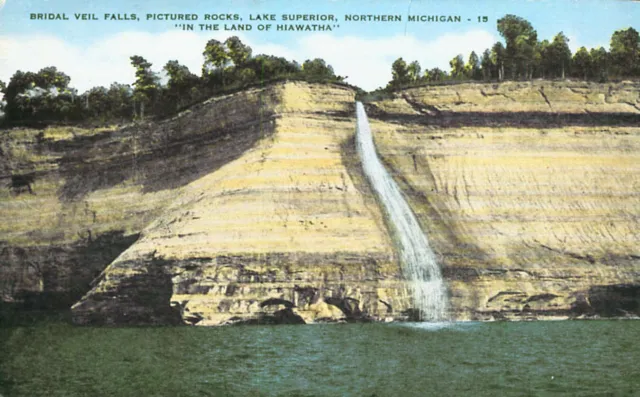 Bridal Veil Falls Lake Superior Munising Michigan ca 1920 Geology Postcard