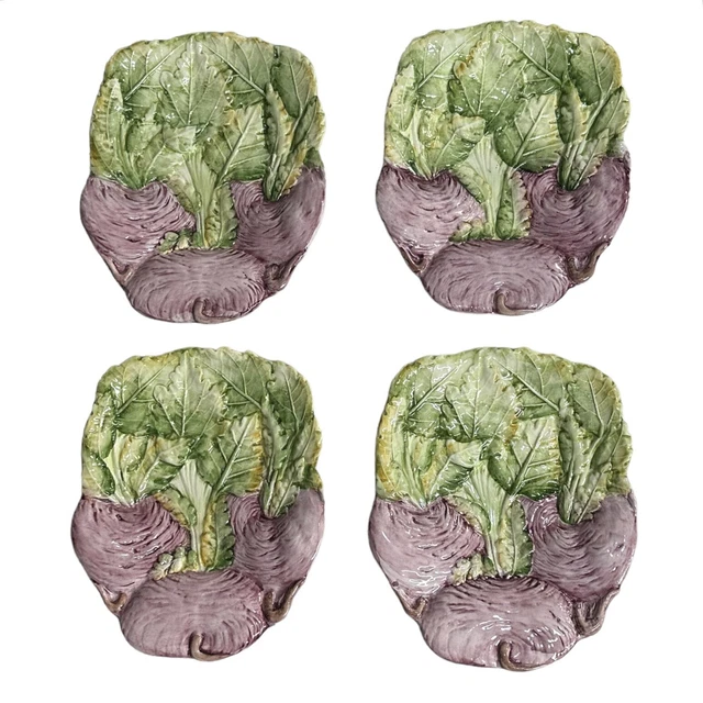 4 VTG Italian Majolica Salad Plates Purple Beet Radish Turnip Green Leaf Ceramic