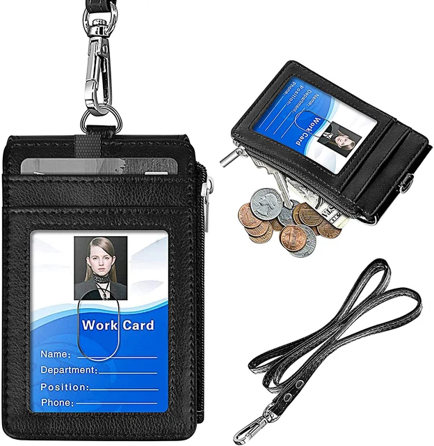 Badge Holder with Zipper, PU Leather ID Badge Card Holder Wallet with 5 Card Slo