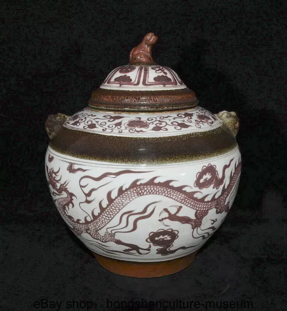 14.4"Ancient China Underglaze Red Porcelain Dynasty Dragon Pattern Crock Pot Jar