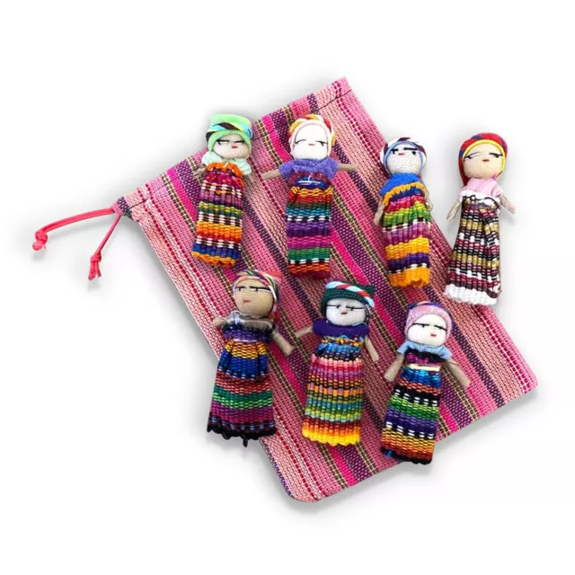 Set of 7 Guatemalan handmade Worry Dolls with a colourful crafted storage bag