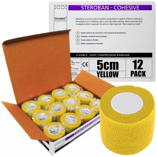 Full Box, Yellow 10cm Premium Steroplast Self Stick Cohesive Bandage 12 Rolls