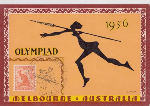 Stamp 1/2d Olympic Australia 1956 on J Rajko postcard rowing Ballarat postmark