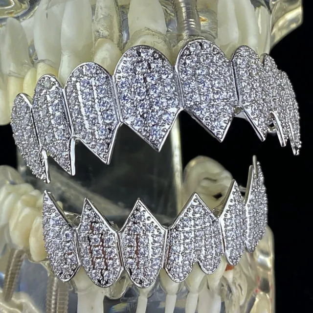Shark Grillz 8 Top and Eight Bottom Teeth Set Silver Tone Iced CZ Flooded Out