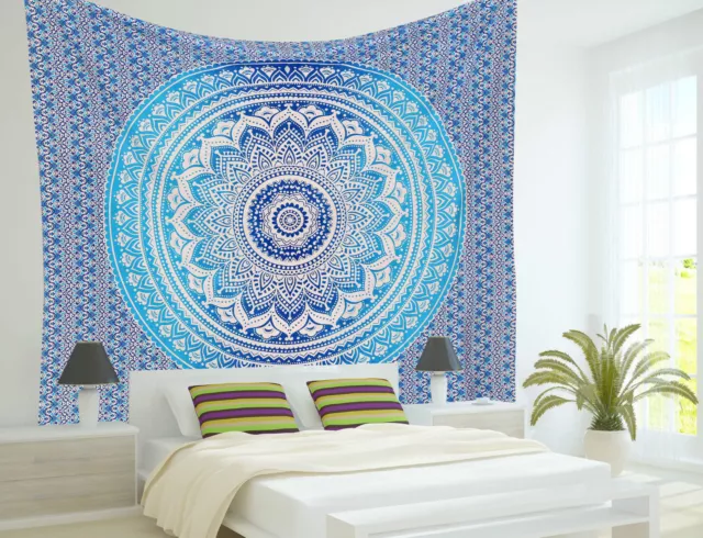 Azul Ombre Mandala Tapiz Indio Colcha Gemelas Ropa De Cama De Algodón Tiro Manta