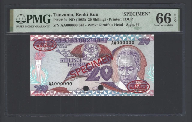 Tanzania 20 Shillingi ND(1985) P9s "Specimen " UNC Grade 66