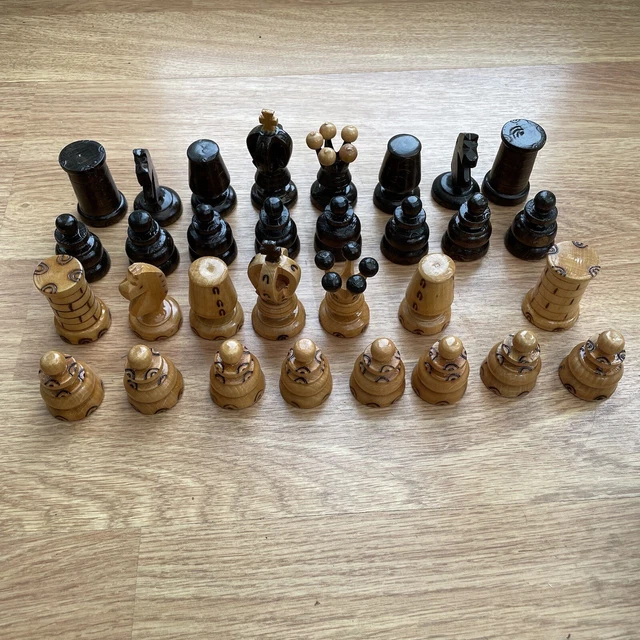 Hand Carved Wooden Vintage Chess Pieces- 1 Piece missing