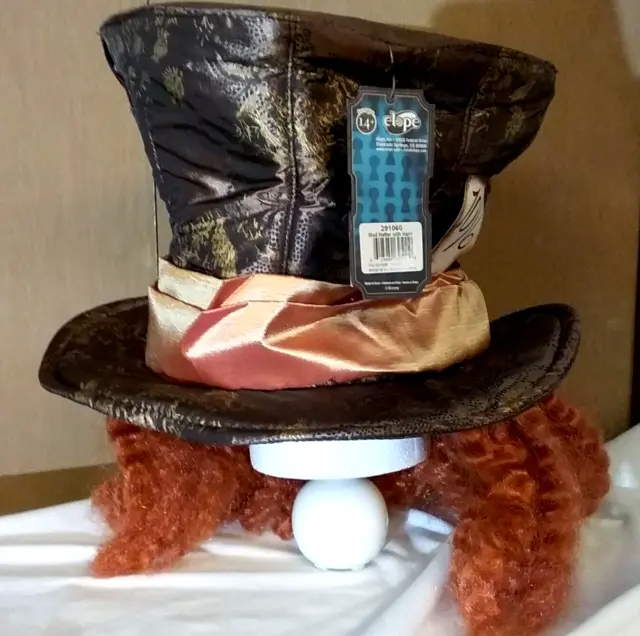 Disney MAD HATTER Satin Brocade Hat WITH HAIR Adult Size L Adjustable NEW Tags