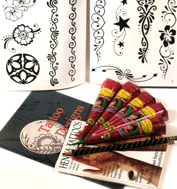 Grande Henna Kit 5 Conos Diseño Folleto Plantilla Set Y Instrucciones Tr